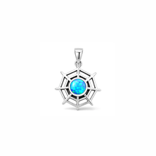 Load image into Gallery viewer, Sterling Silver Oxidized And Polished Blue Lab Opal Spiderweb Pendant