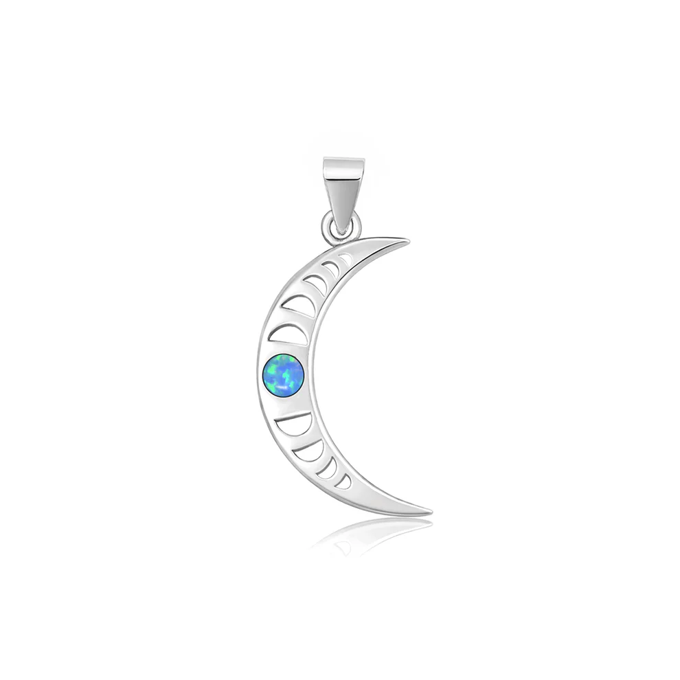 Sterling Silver Oxidized And Polished Crescent Moon Blue Lab Opal Pendant