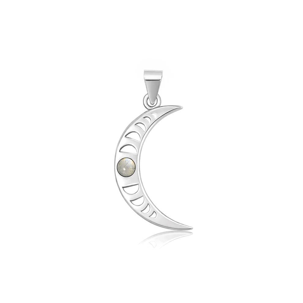 Sterling Silver Oxidized And Polished Crescent Moon Moonstone Pendant