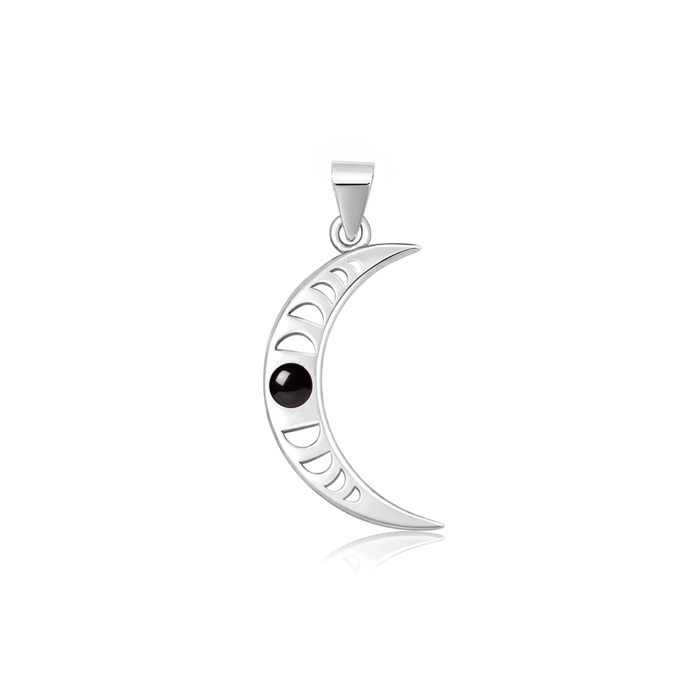 Sterling Silver Oxidized And Polished Crescent Moon Black Onyx Stone Pendant