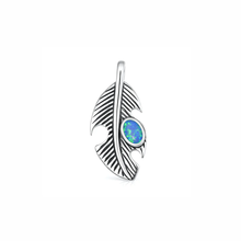 Load image into Gallery viewer, Sterling Silver Oxidized And Polished Feather Blue Lab Opal Pendant