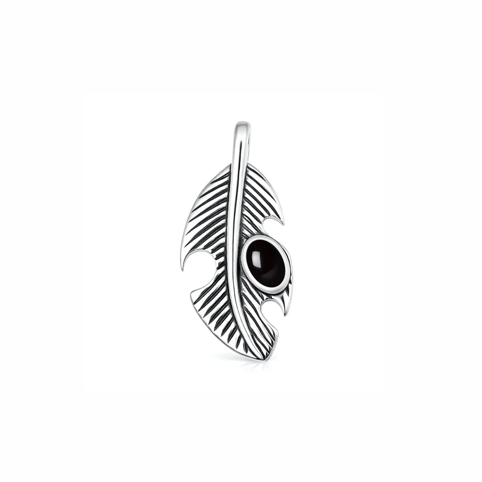 Sterling Silver Oxidized And Polished Feather Black Onyx Stone Pendant