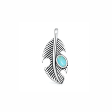 Load image into Gallery viewer, Sterling Silver Oxidized And Polished Feather Genuine Turquoise Stone Pendant