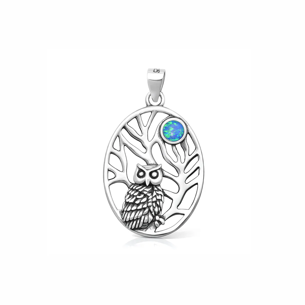 Sterling Silver Oxidized And Polished Owl Blue Lab Opal Pendant