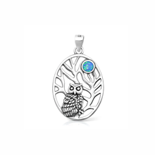 Load image into Gallery viewer, Sterling Silver Oxidized And Polished Owl Blue Lab Opal Pendant