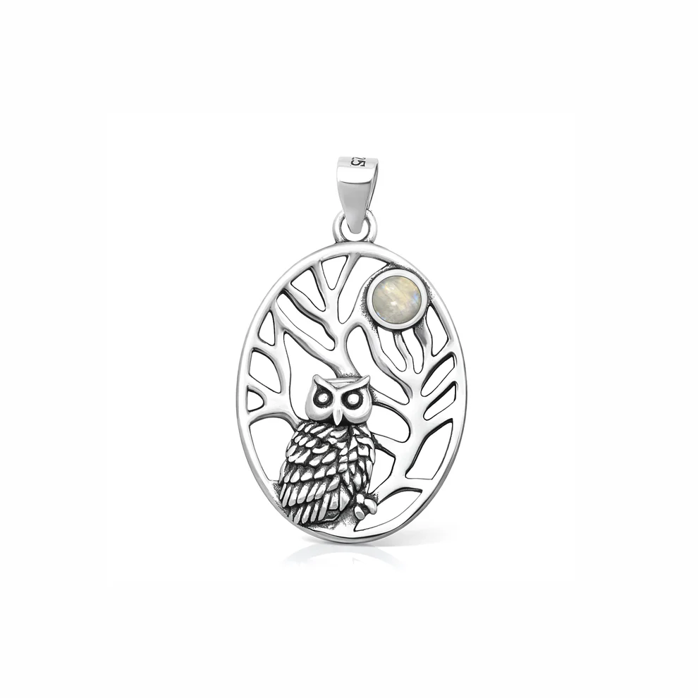 Sterling Silver Oxidized And Polished Owl Moonstone Pendant