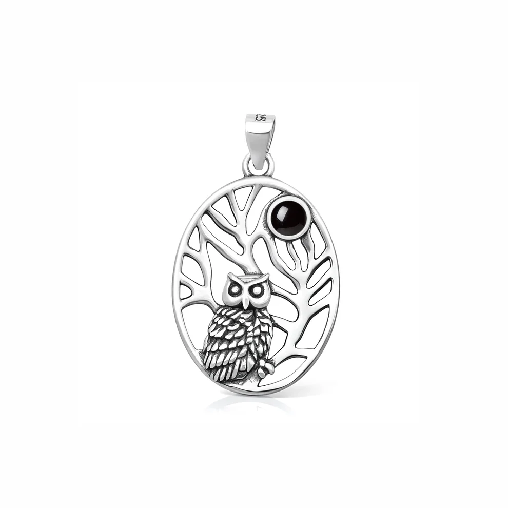 Sterling Silver Oxidized And Polished Owl Black Onyx Stone Pendant