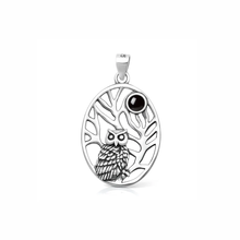 Load image into Gallery viewer, Sterling Silver Oxidized And Polished Owl Black Onyx Stone Pendant