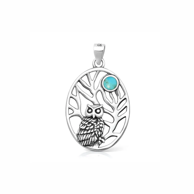 Sterling Silver Oxidized And Polished Owl Genuine Turquoise Stone Pendant