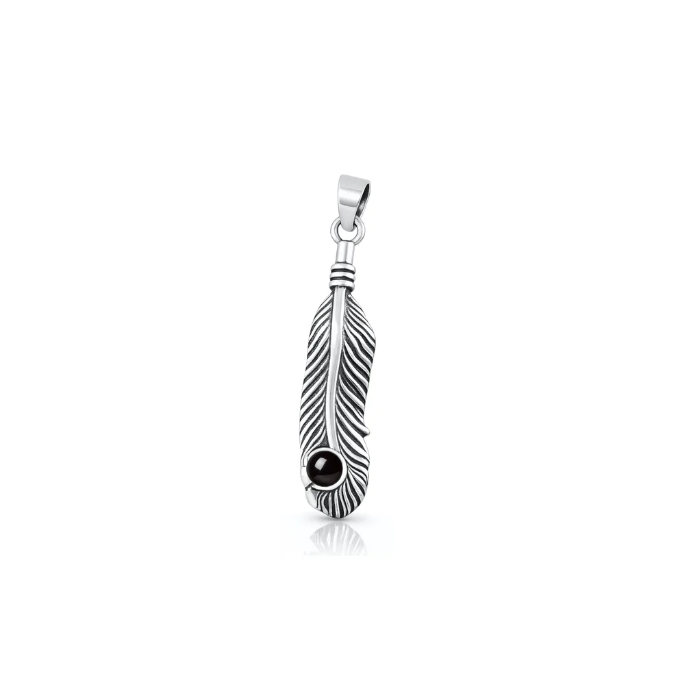Sterling Silver Oxidized And Polished 23mm Feather Black Onyx Stone Pendant