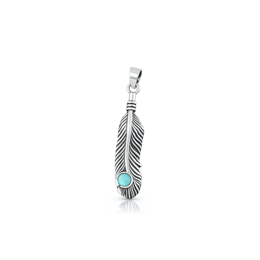 Sterling Silver Oxidized And Polished 23mm Feather Genuine Turquoise Stone Pendant