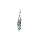 Sterling Silver Oxidized And Polished 23mm Feather Genuine Turquoise Stone Pendant