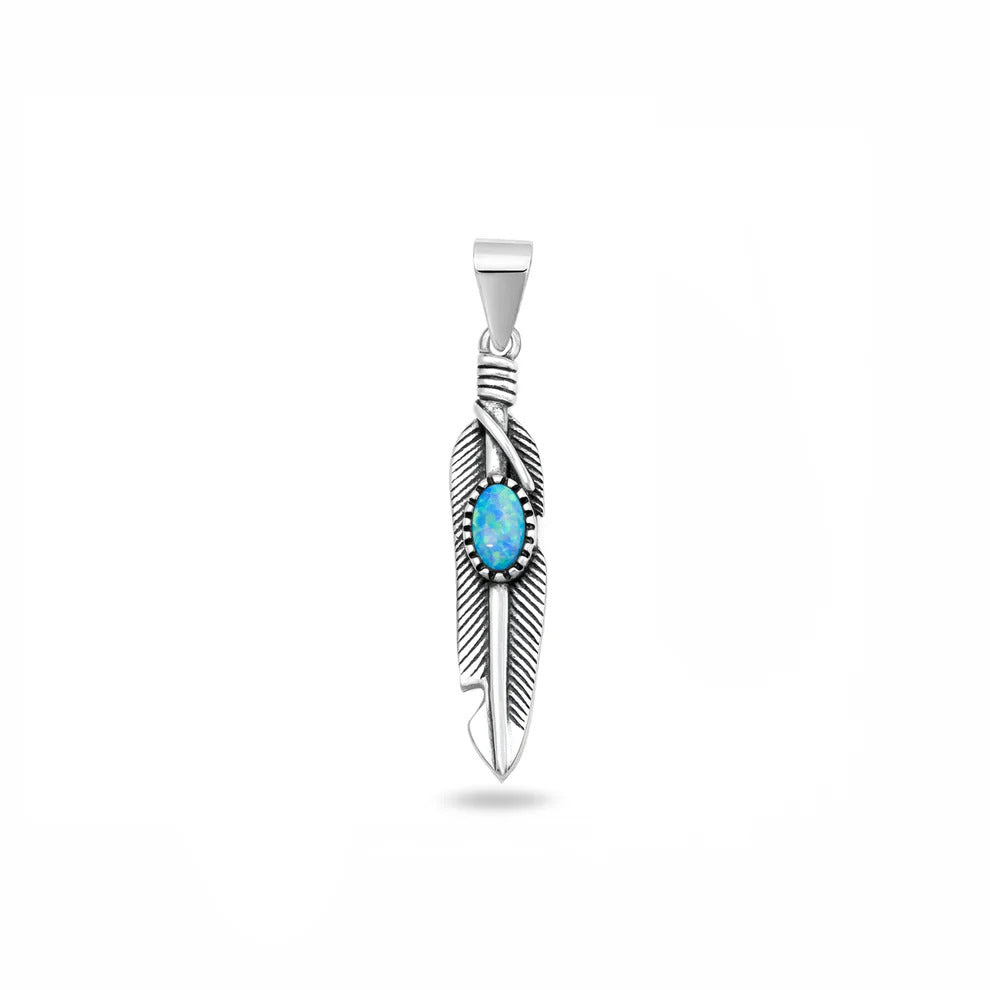 Sterling Silver Oxidized And Polished Blue Lab Opal Feather Pendant