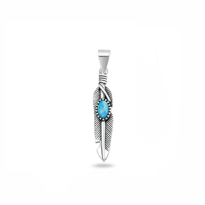Sterling Silver Oxidized And Polished Blue Lab Opal Feather Pendant