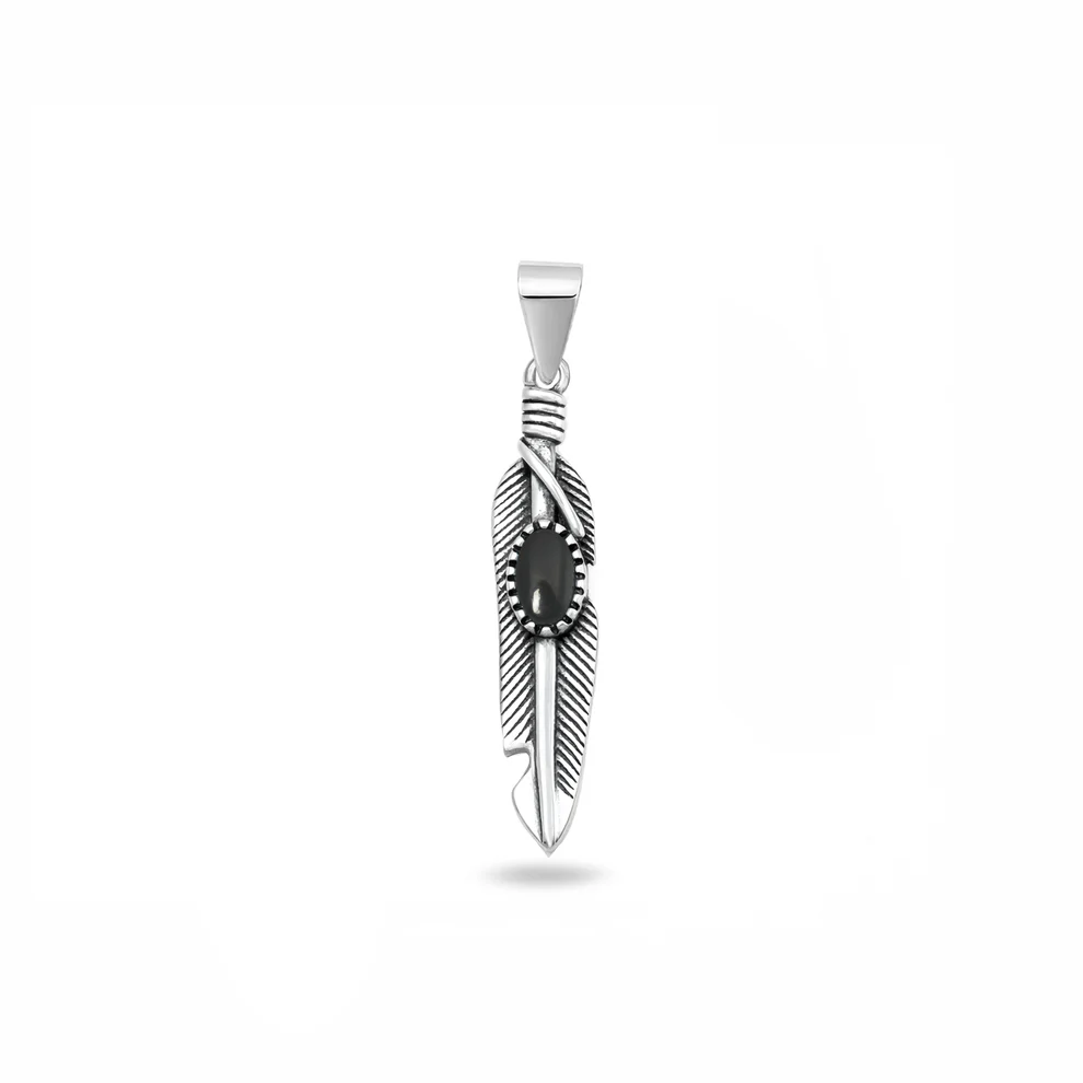 Sterling Silver Oxidized And Polished 24.4mm Feather Black Onyx Stone Pendant
