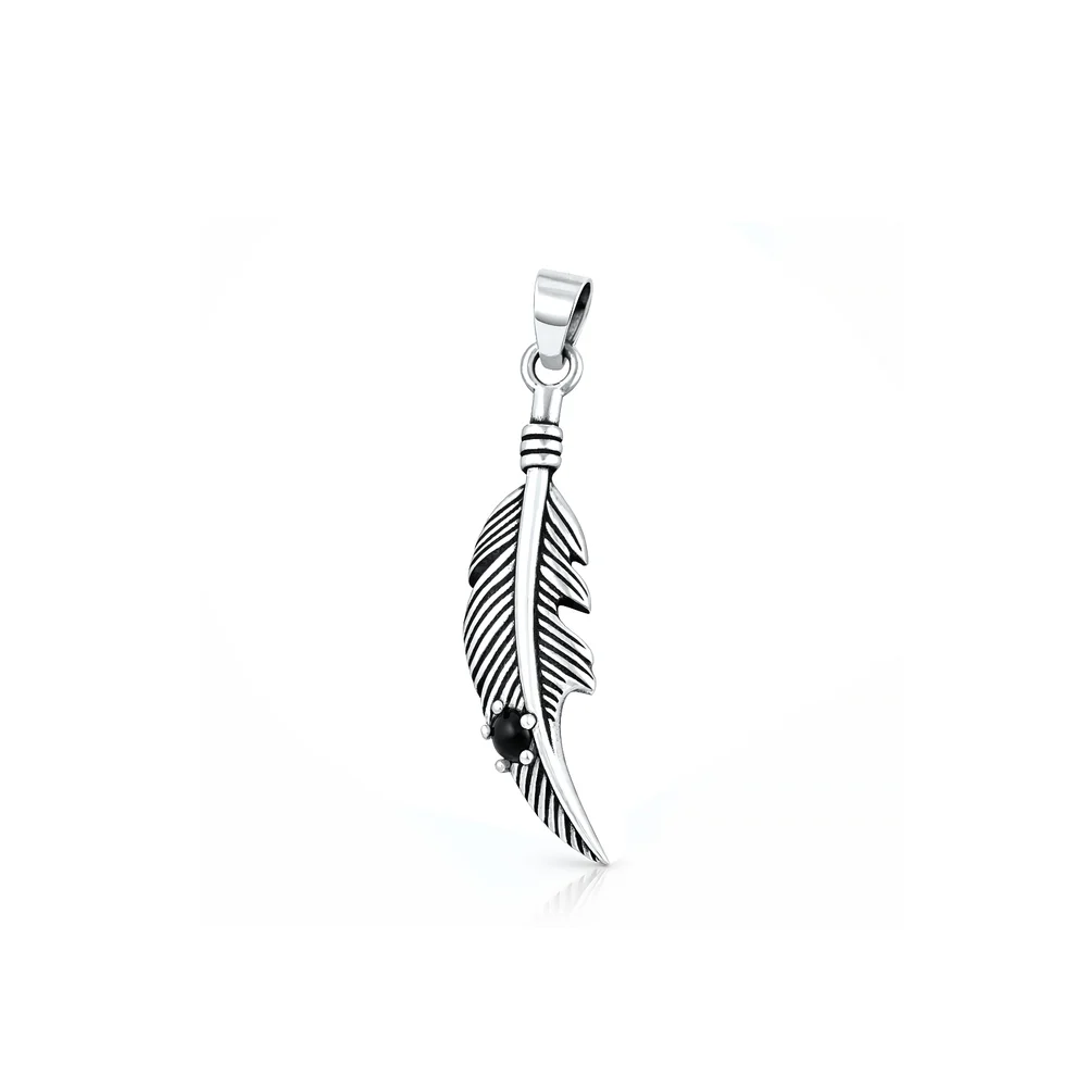 Sterling Silver Oxidized And Polished 26.7mm Feather Black Onyx Stone Pendant