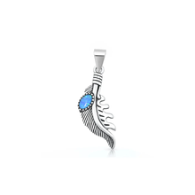 Load image into Gallery viewer, Sterling Silver Oxidized And Polished Blue Lab Opal Feather Pendant