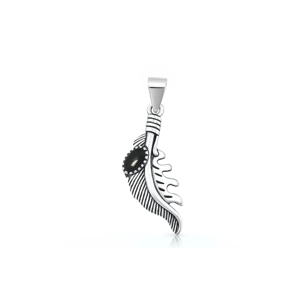 Sterling Silver Oxidized And Polished 22.7mm Feather Black Onyx Stone Pendant