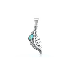 Sterling Silver Oxidized And Polished 22.7mm Feather Genuine Turquoise Stone Pendant