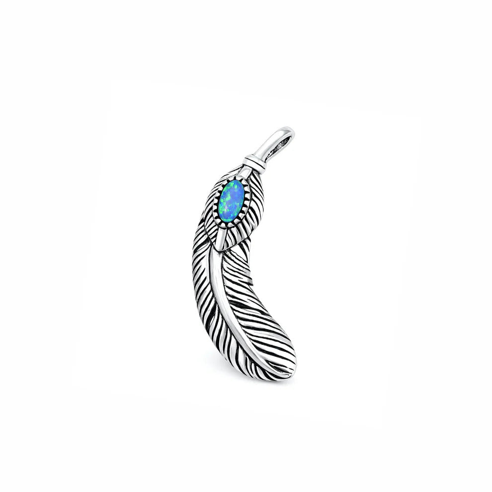 Sterling Silver Oxidized And Polished Blue Lab Opal 24.6mm Feather Pendant