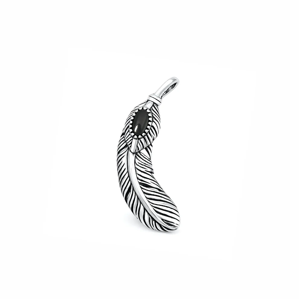 Sterling Silver Oxidized And Polished 24.6mm Feather Black Onyx Stone Pendant