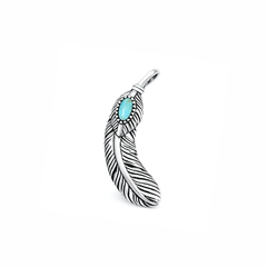 Sterling Silver Oxidized And Polished 24.6mm Feather Genuine Turquoise Stone Pendant