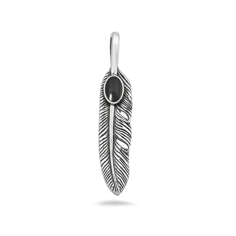 Sterling Silver Oxidized And Polished Black Onyx Stone Feather Pendant