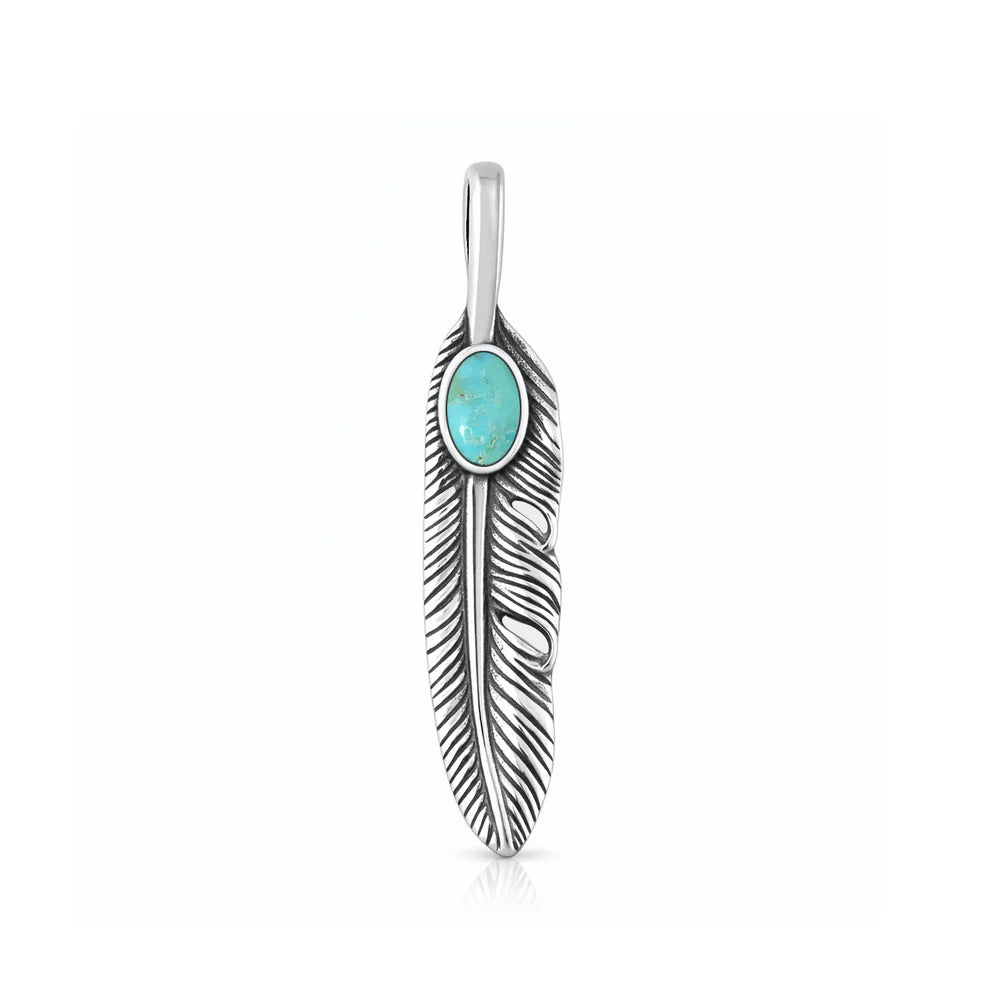 Sterling Silver Oxidized And Polished Genuine Turquoise Stone Feather Pendant