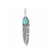 Load image into Gallery viewer, Sterling Silver Oxidized And Polished Genuine Turquoise Stone Feather Pendant