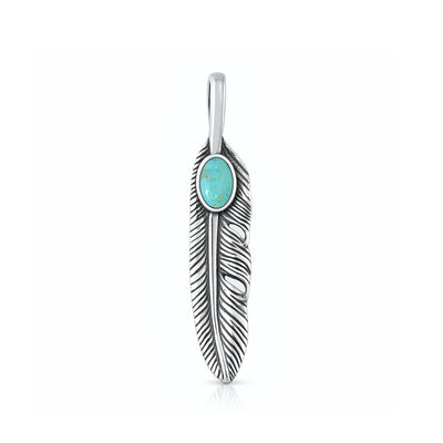 Sterling Silver Oxidized And Polished Genuine Turquoise Stone Feather Pendant
