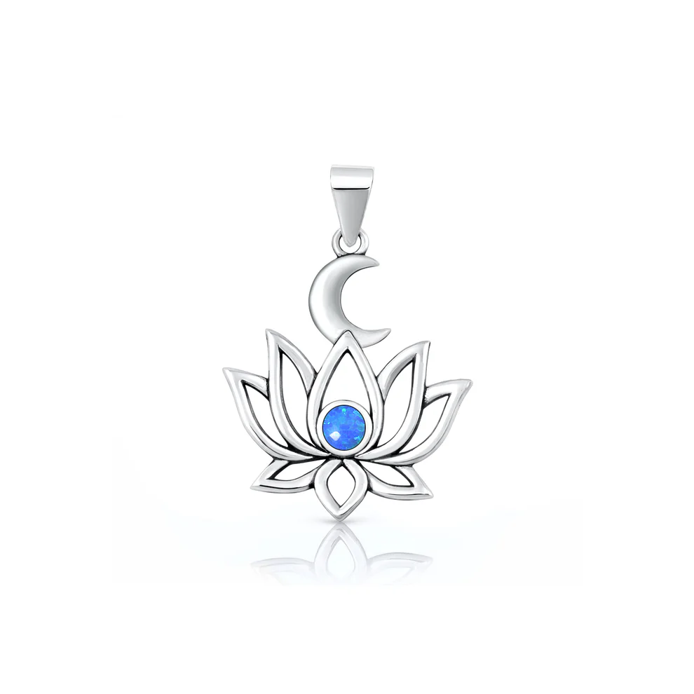 Sterling Silver Oxidized And Polished Lotus And Moon Blue Lab Opal Pendant