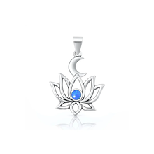Load image into Gallery viewer, Sterling Silver Oxidized And Polished Lotus And Moon Blue Lab Opal Pendant