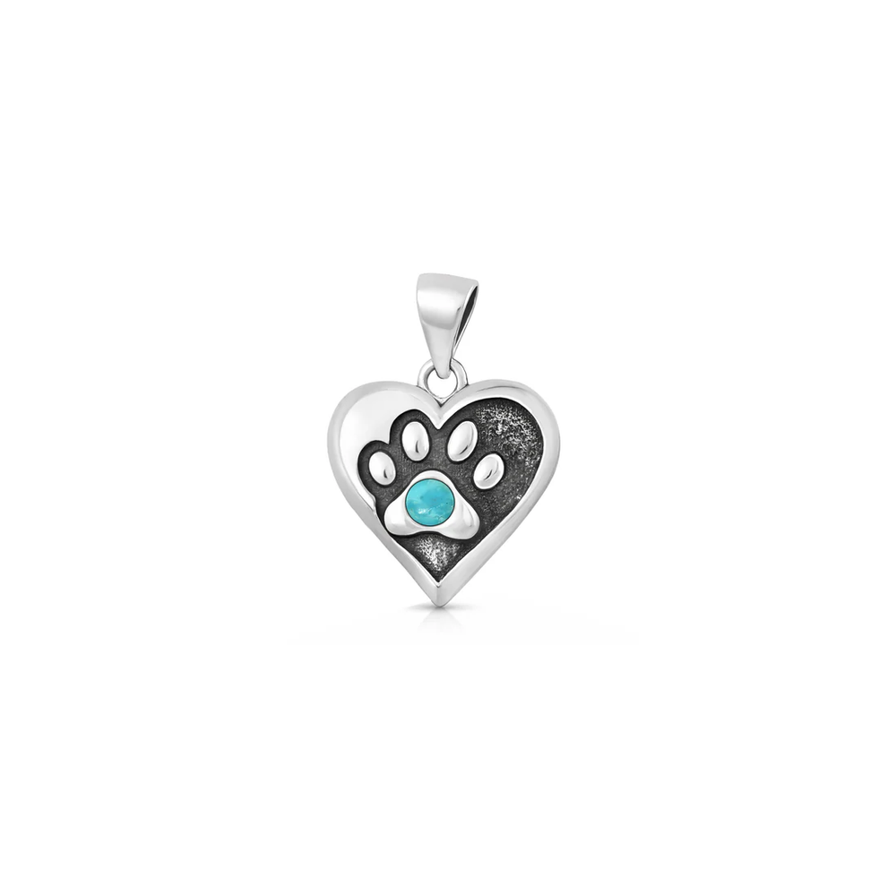 Sterling Silver Oxidized And Polished Paw Print And Heart Genuine Turquoise Stone Pendant