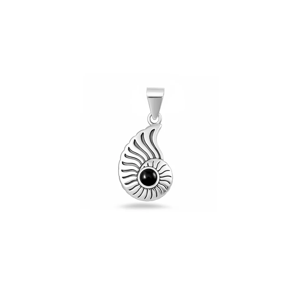 Sterling Silver Oxidized And Polished Seashell Black Onyx Stone Pendant