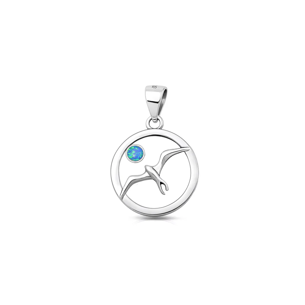 Sterling Silver Oxidized And Polished Bird Blue Lab Opal Pendant