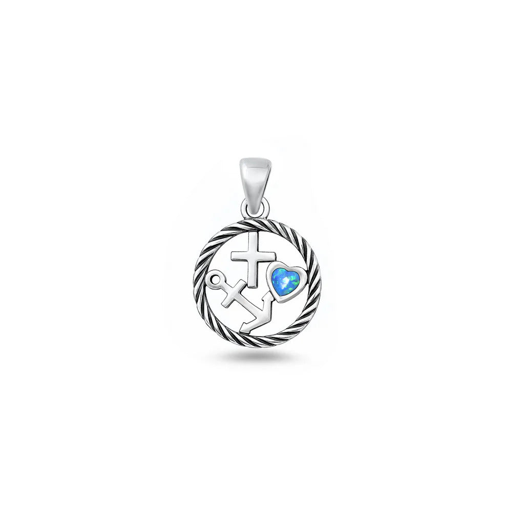 Sterling Silver Oxidized And Polished Blue Lab Opal Faith Love Hope Pendant