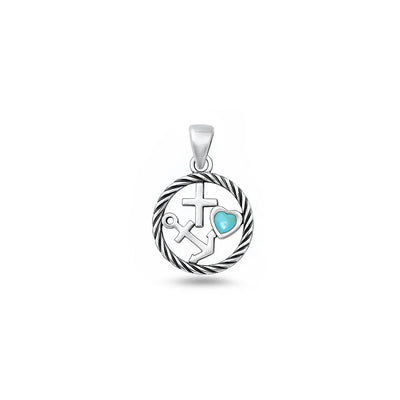 Sterling Silver Oxidized And Polished Turquoise Stone Faith Love Hope Pendant