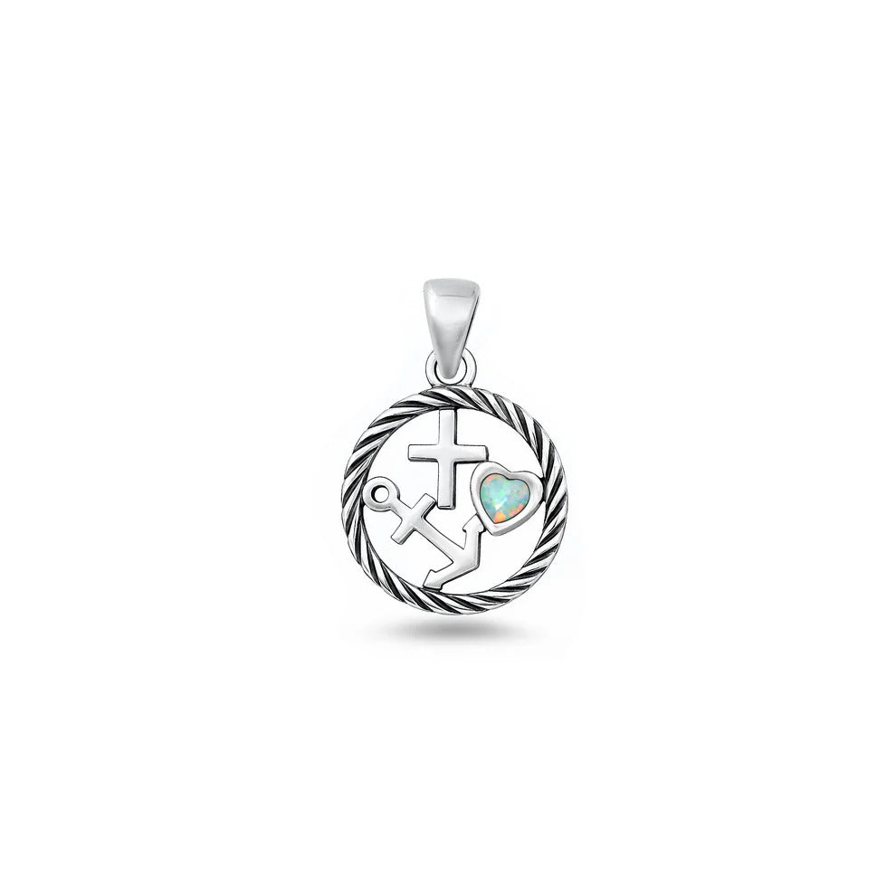Sterling Silver Oxidized And Polished White Lab Opal Faith Love Hope Pendant