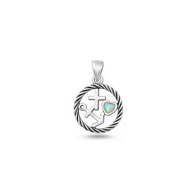 Sterling Silver Oxidized And Polished White Lab Opal Faith Love Hope Pendant