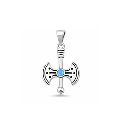 Sterling Silver Oxidized And Polished Axe Blue Lab Opal Pendant