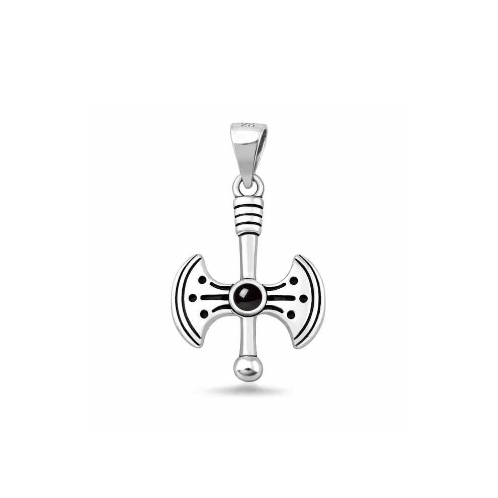 Sterling Silver Oxidized And Polished Axe Black Onyx Stone Pendant