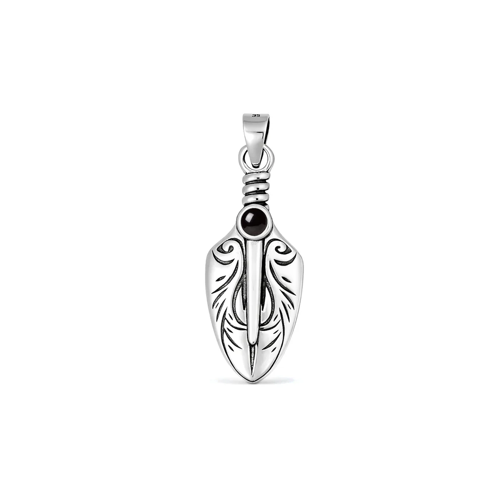 Sterling Silver Oxidized And Polished Tribal Dagger Black Onyx Stone Pendant