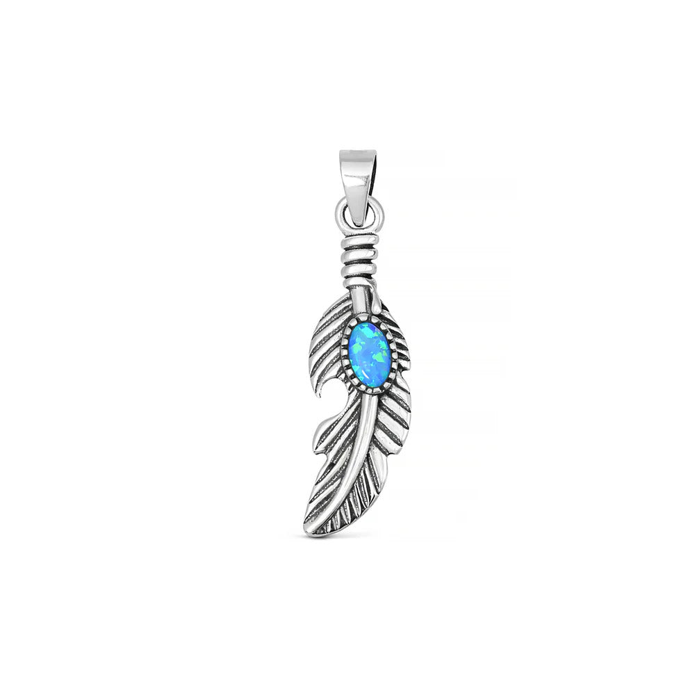 Sterling Silver Oxidized And Polished 21mm Blue Lab Opal Feather Pendant