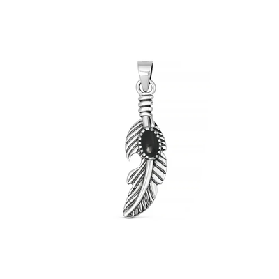 Sterling Silver Oxidized And Polished Black Onyx Stone Feather Pendant