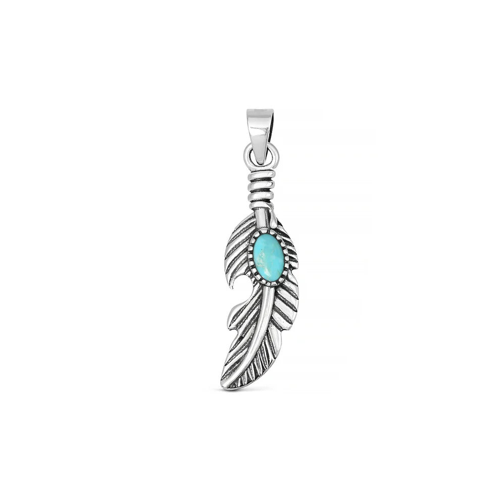 Sterling Silver Oxidized And Polished Feather Genuine Turquoise Stone Pendant