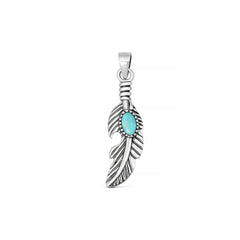 Sterling Silver Oxidized And Polished Feather Genuine Turquoise Stone Pendant