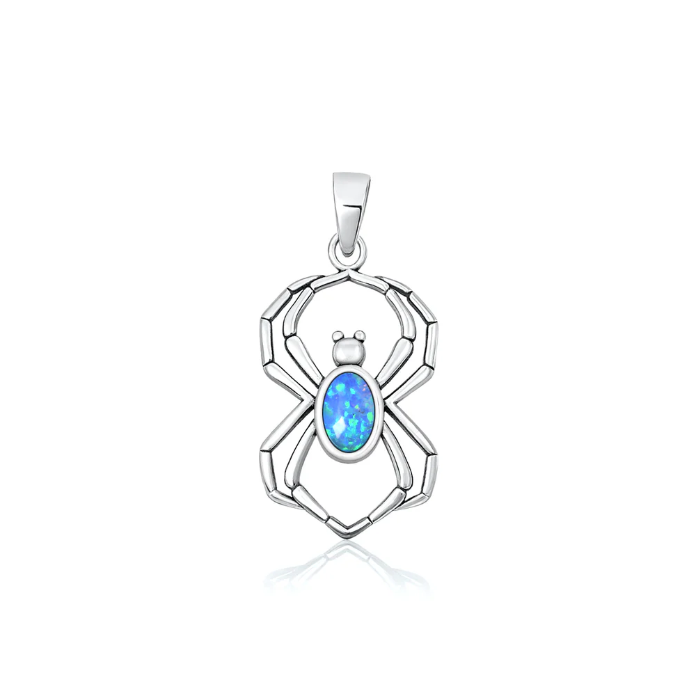 Sterling Silver Oxidized And Polished 21mm Spiderweb Blue Lab Opal Pendant