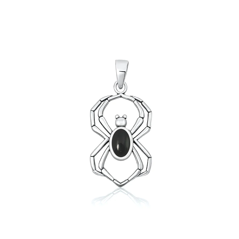 Sterling Silver Oxidized And Polished Spider Black Onyx Stone Pendant