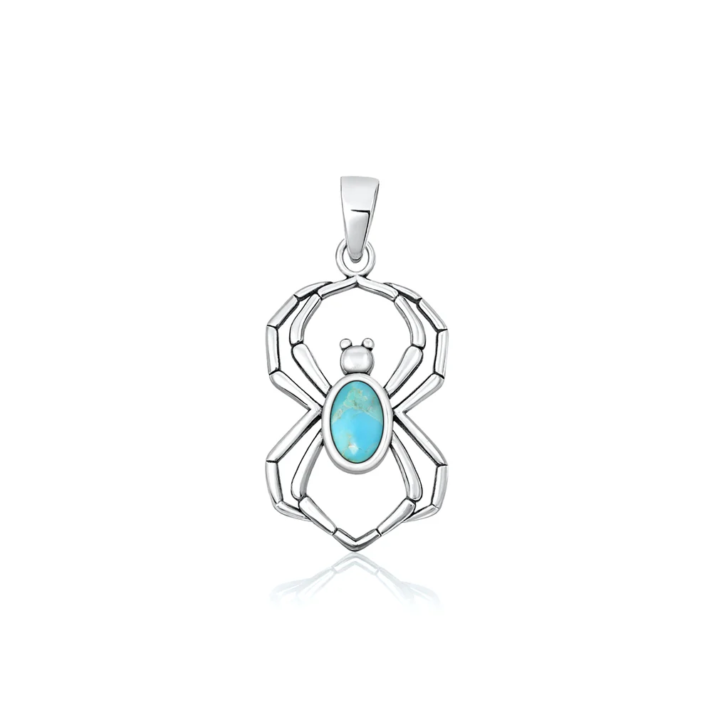 Sterling Silver Oxidized And Polished Spider Turquoise Stone Pendant