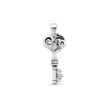 Load image into Gallery viewer, Sterling Silver Oxidized And Polished Filigree Heart Key Clear CZ Pendant